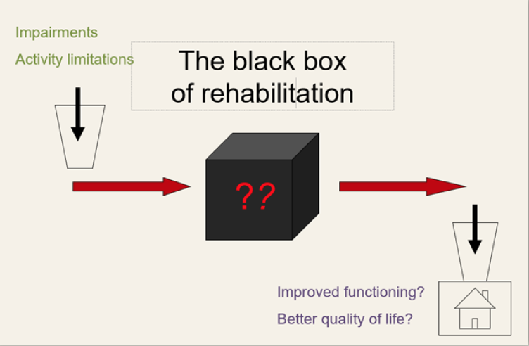 The words "Impairments Activity limitations" with arrows directing towards "The black box of rehabilitation" and "Improved functioning?" "Better quality of life?"